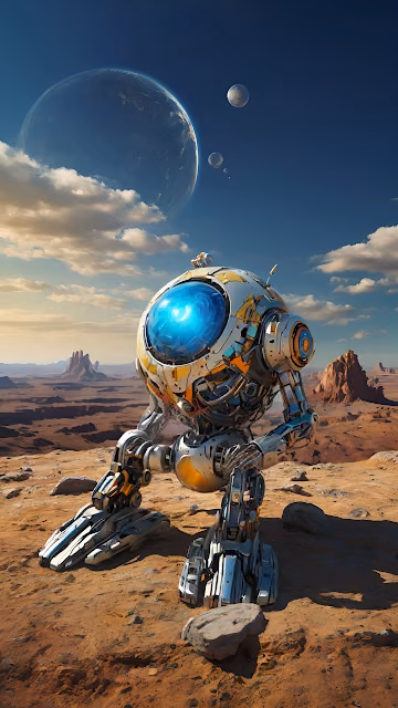 Robot Exploring Alien Desert Under Giant Planets - Free 4K & 8K Mobile Wallpaper