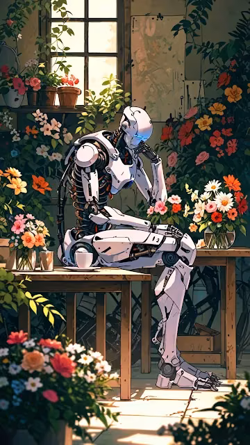 Robot Sipping Tea Amidst Blooming Garden Flowers - Free 4K & 8K Mobile Wallpaper