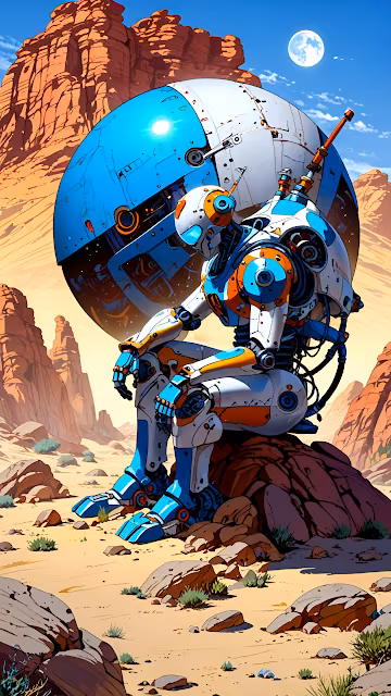 Robot Sitting Beside Giant Sphere in Desert Canyon - Free 4K & 8K Mobile Wallpaper