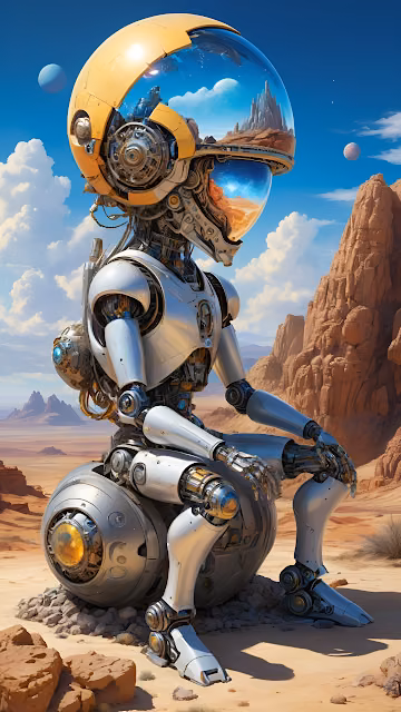 Robot Sitting in Desert with Reflective Helmet - Free 4K & 8K Mobile Wallpaper