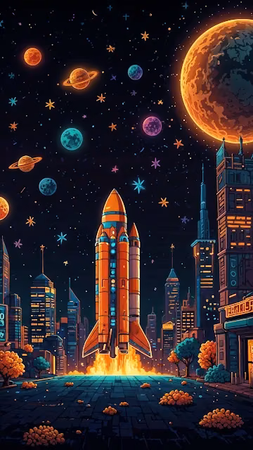 Rocket Launching from City Under Colorful Planets - Free 4K & 8K Mobile Wallpaper