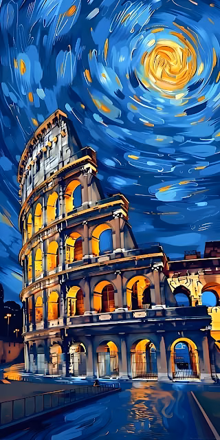 Roman Colosseum Starry Night Swirling Sky Painting - Free 4K & 8K Mobile Wallpaper