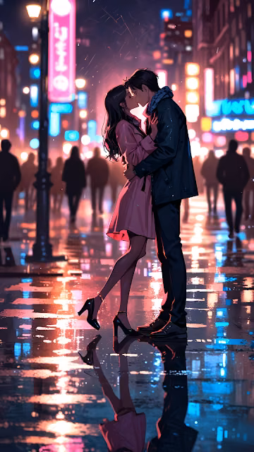 Romantic Couple Kissing Under Neon City Lights - Free 4K & 8K Mobile Wallpaper