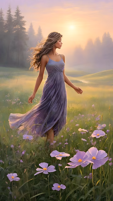 Romantic Woman in Lavender Dress in Cosmos Flower Field - Free 4K & 8K Mobile Wallpaper