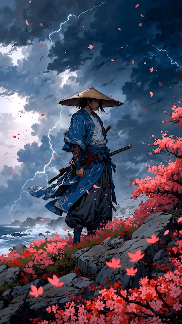 Ronin Warrior Amidst Sakura Storm and Lightning Coast - Free 4K & 8K Mobile Wallpaper