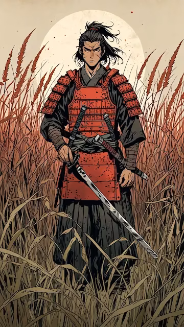 Ronin Warrior in Red Armor Standing in Tall Grass - Free 4K & 8K Mobile Wallpaper