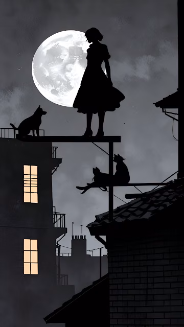 Rooftop Silhouette Girl and Animals Under Giant Full Moon Art - Free 4K & 8K Mobile Wallpaper