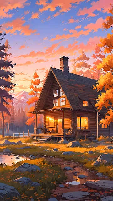 Rustic Autumn Log Cabin in Mountain Forest at Sunset - Free 4K & 8K Mobile Wallpaper