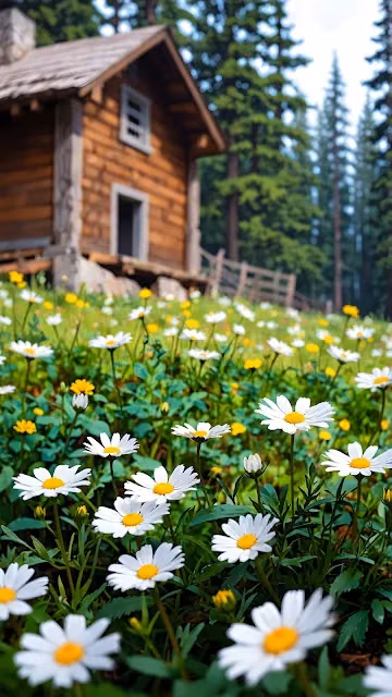 Rustic Cabin Meadow Daisies, Summer Wildflower Field View - Free 4K & 8K Mobile Wallpaper