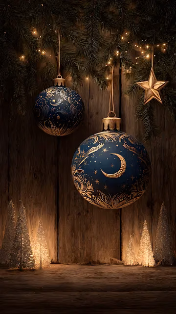 Rustic Christmas Ornaments Blue Gold Wooden Background - Free 4K & 8K Mobile Wallpaper