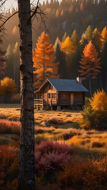 Rustic Log Cabin in Autumn Forest Clearing - Free 4K & 8K Mobile Wallpaper