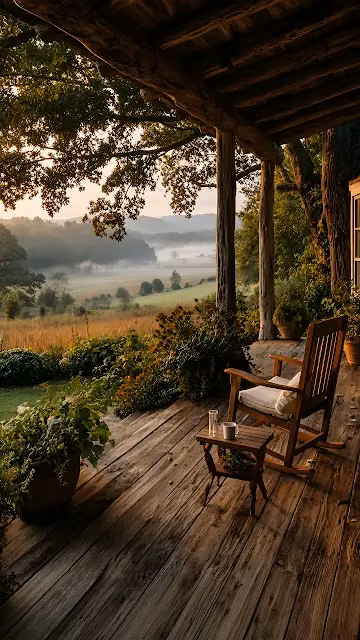 Wooden rocking chair on a rustic timber porch overlooking a sunlit meadow and morning fog.