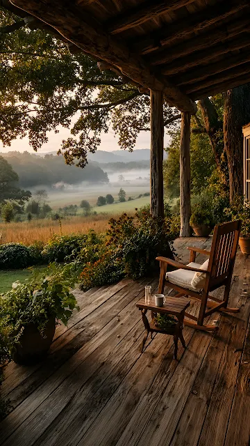 A wooden rocking chair sits on a rustic cabin porch overlooking a misty green valley at dawn. Wooden rocking chair on a rustic timber porch overlooking a sunlit meadow and morning fog.