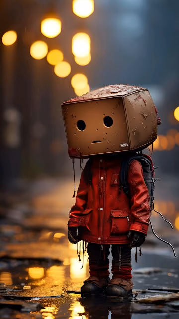 Rusty Box Robot in Red Jacket on Rainy City Street - Free 4K & 8K Mobile Wallpaper