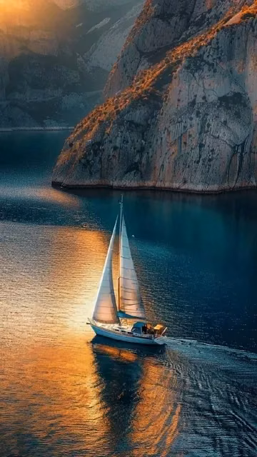 Sailboat Cruising Near Coastal Cliffs at Golden Hour Sunset - Free 4K & 8K Mobile Wallpaper