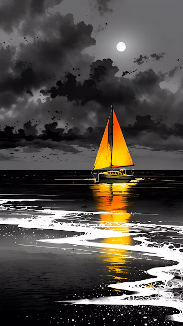 Sailboat with Golden Sails Under Full Moon on Dark Sea - Free 4K & 8K Mobile Wallpaper