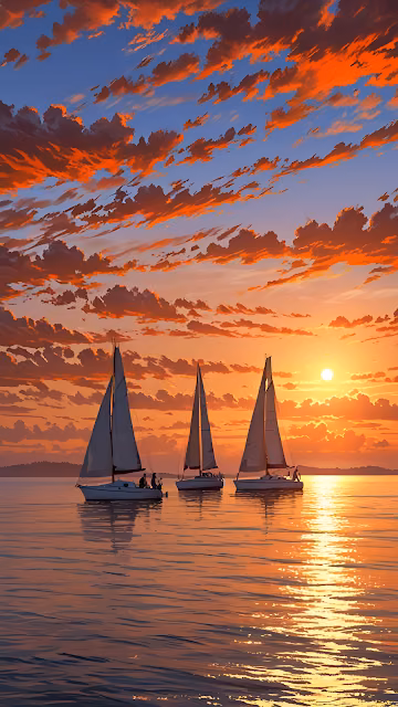 Sailboats Sunset Vibrant Orange Clouds Seascape - Free 4K & 8K Mobile Wallpaper