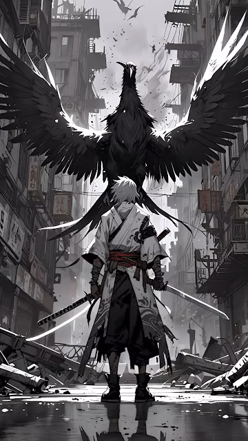 Samurai Warrior and Giant Raven in Ruined City - Free 4K & 8K Mobile Wallpaper
