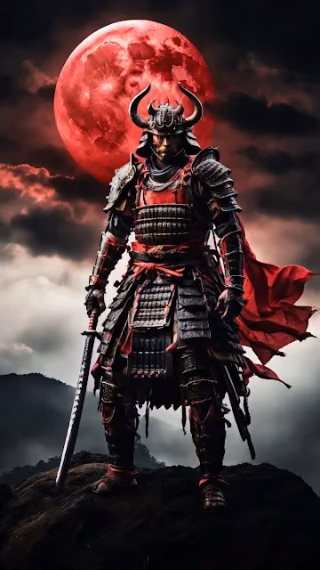 Samurai Warrior Under Blood Moon with Katana - Free 4K & 8K Mobile Wallpaper