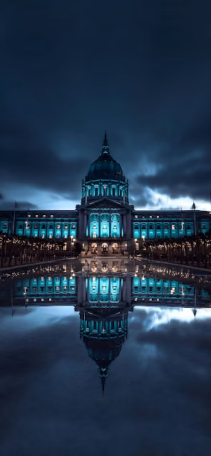 San Francisco City Hall Teal Night Reflection Symmetry - Free 4K & 8K Mobile Wallpaper