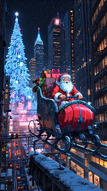 Santa Claus Flying Sleigh Over Neon-Lit City at Christmas Night - Free 4K & 8K Mobile Wallpaper
