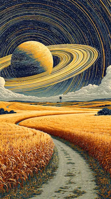 A ringed planet looms in a starry sky above a golden rural wheat field. Stylized ringed planet above a winding road through golden wheat fields under star trails.