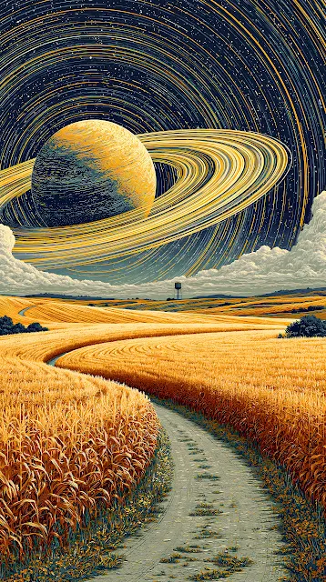 Stylized ringed planet above a winding road through golden wheat fields under star trails.