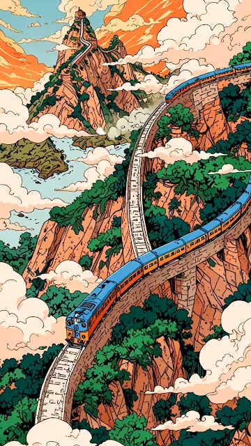 Scenic Mountain Train Journey Illustration Over Cliffs - Free 4K & 8K Mobile Wallpaper