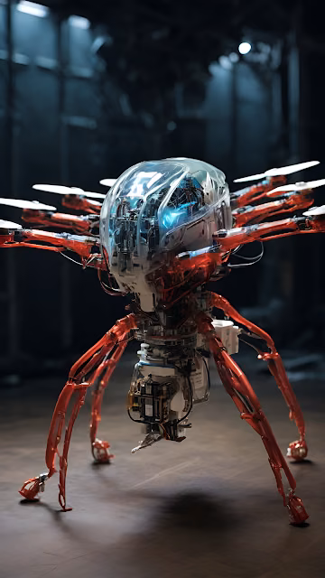 Sci-Fi Arachnid Drone with Translucent Red Legs and Propellers - Free 4K & 8K Mobile Wallpaper