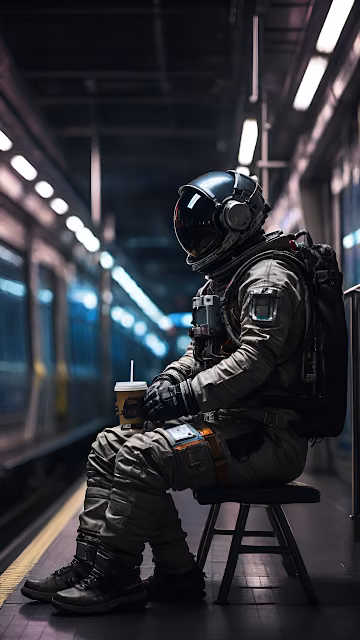 Sci Fi Astronaut Commuter Drinking Coffee Subway Platform - Free 4K & 8K Mobile Wallpaper