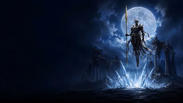An armored warrior floats above glowing ice crystals under a full moon amidst dark stone ruins.