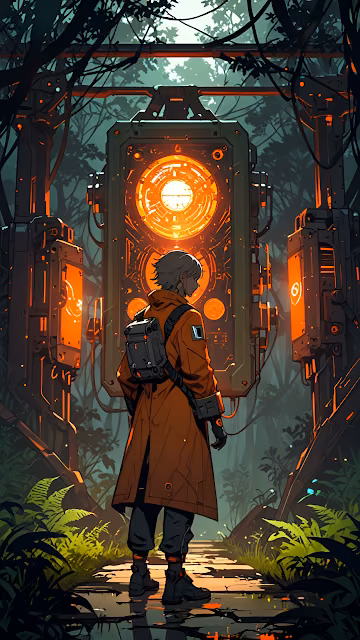 Sci Fi Jungle Explorer Orange Tech Portal Anime Style - Free 4K & 8K Mobile Wallpaper