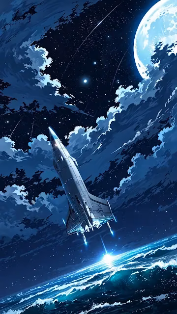 Sci-Fi Spaceship Launching from Earth Toward Giant Moon - Free 4K & 8K Mobile Wallpaper