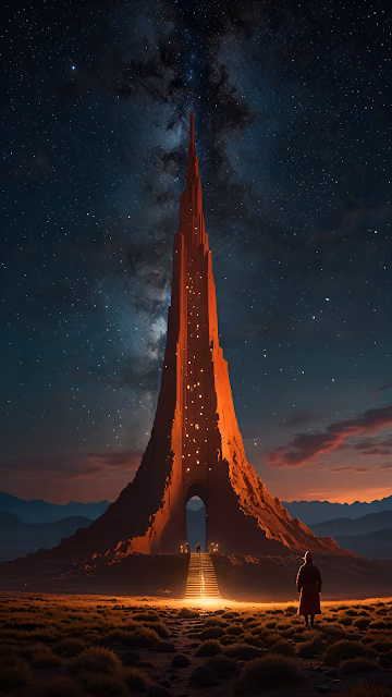 Sci Fi Temple Tower Milky Way Desert Landscape - Free 4K & 8K Mobile Wallpaper