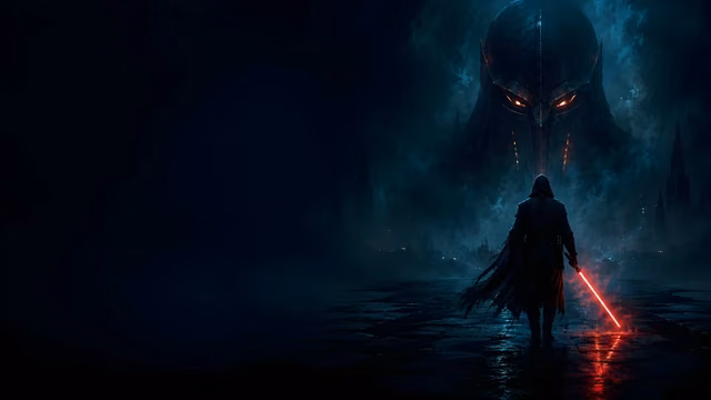 Sith lord with a glowing red laser sword walks forward under a giant dark helmet silhouette surrounded by blue mist.