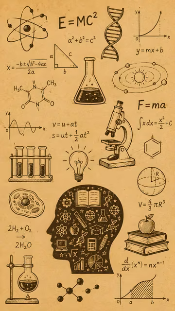A busy array of brown hand-drawn science, chemistry, physics, and biology doodles over a light tan background.