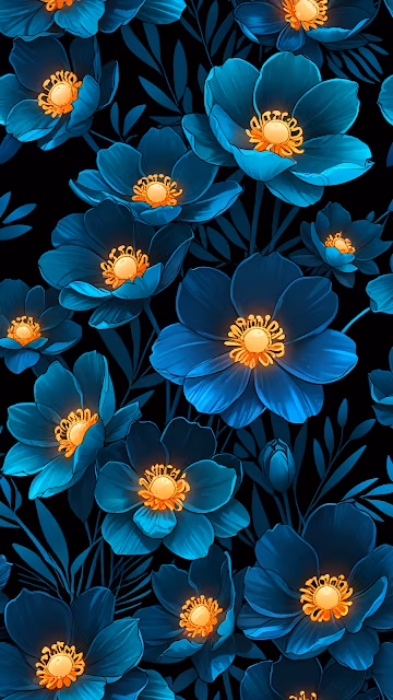 Seamless Pattern Glowing Blue Flowers Dark Teal Art - Free 4K & 8K Mobile Wallpaper