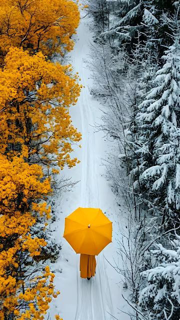 Seasonal Transition Yellow Umbrella Snow Autumn Trees - Free 4K & 8K Mobile Wallpaper