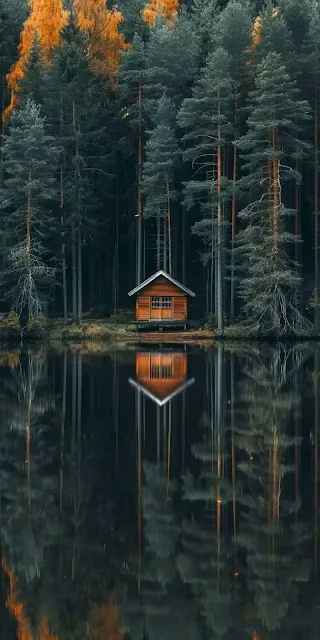 Secluded Forest Cabin Reflected in Still Autumn Lake Water - Free 4K & 8K Mobile Wallpaper