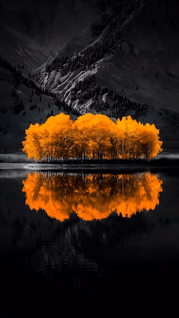 Selective Color Autumn Trees Reflection Monochrome Mountains - Free 4K & 8K Mobile Wallpaper