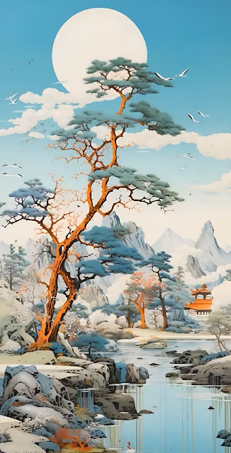 Serene Asian Landscape Art Giant Moon Pine Tree River Pagoda - Free 4K & 8K Mobile Wallpaper