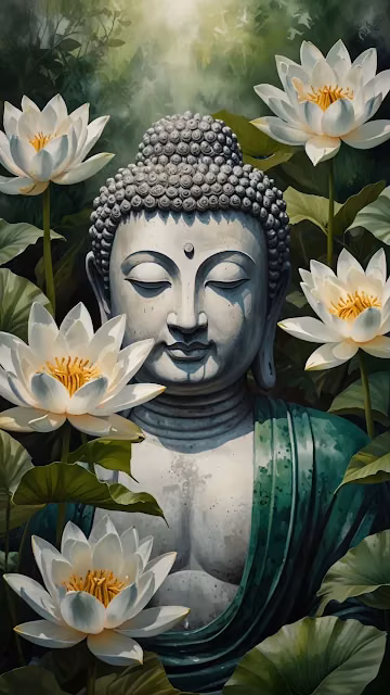 Serene Buddha Statue Amidst White Lotus Flowers Painting - Free 4K & 8K Mobile Wallpaper
