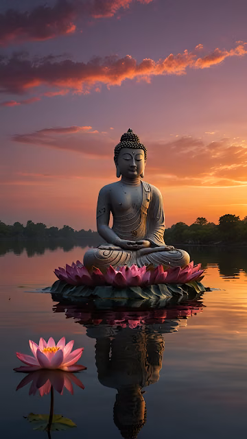 Serene Buddha Statue Lotus Flower Sunset Water Reflection - Free 4K & 8K Mobile Wallpaper