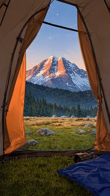 Serene Camping View of Snow Capped Mountain at Sunrise - Free 4K & 8K Mobile Wallpaper