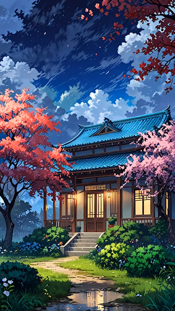 Serene Japanese House Anime Art with Cherry Blossoms Night Scene - Free 4K & 8K Mobile Wallpaper