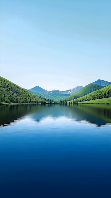 Serene Lush Green Hills Reflective Lake Landscape Minimalist - Free 4K & 8K Mobile Wallpaper