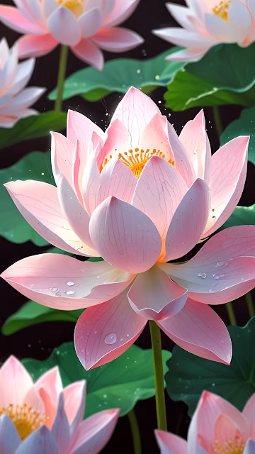 Serene Pink Lotus Bloom Water Droplets Dark Background - Free 4K & 8K Mobile Wallpaper