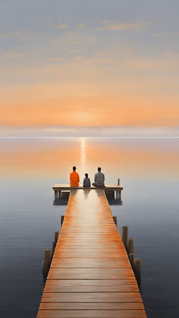 Serene Sunset Dock View with Family Silhouettes Painting - Free 4K & 8K Mobile Wallpaper