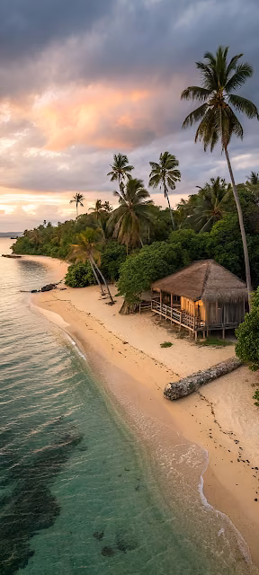 Serene Tropical Beach Sunset with Palm Trees and Thatched Hut - Free 4K & 8K Mobile Wallpaper