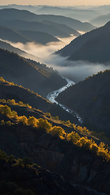 Serpentine River Valley Morning Fog Autumn Foliage - Free 4K & 8K Mobile Wallpaper